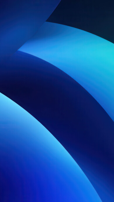 A captivating 4K wallpaper featuring flowing, interconnected abstract shapes in shades of deep blue and vibrant aqua. The smooth, undulating curves gradient from dark, shadowy depths to luminous, glowing bands of teal and cyan, creating a tranquil and expansive aquatic impression.