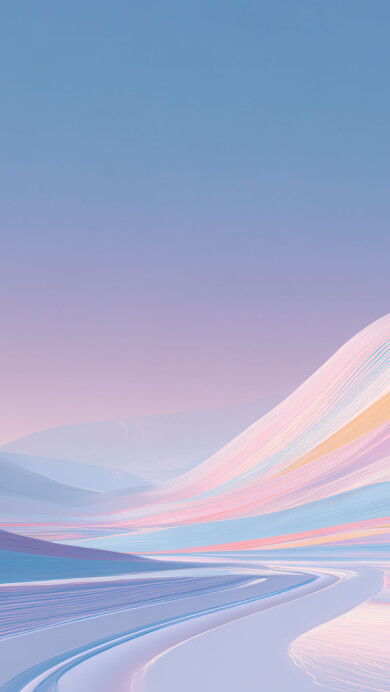 A serene 4K wallpaper portraying an abstract landscape of flowing pastel mountains and a winding road. The soft, striated textures of the peaks and valleys, rendered in gentle blues, pinks, and yellows, create a harmonious and dreamlike mood.