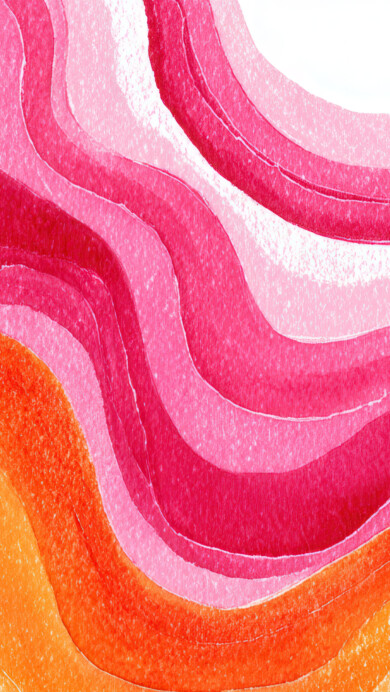 A vibrant 4K wallpaper showcasing abstract, organic bands of color flowing horizontally across a white space. Subtle watercolor textures and gradients from warm orange to rich pink create a lively sense of movement and layered depth.