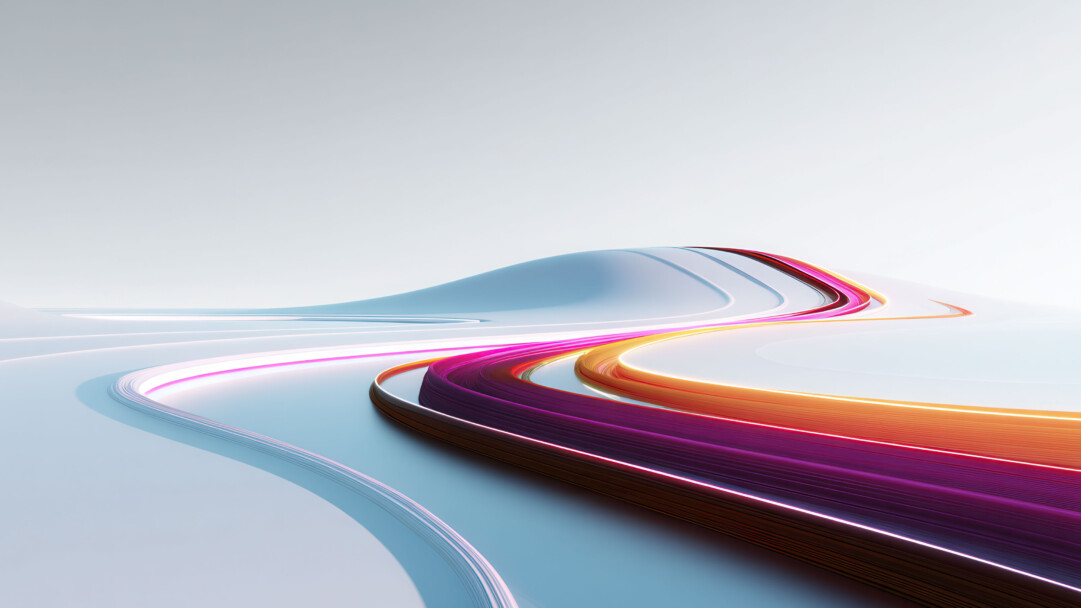 A dynamic 4K wallpaper showcasing abstract, glowing ribbons of color that elegantly curve across a smooth, undulating light grey landscape. The vibrant magenta and orange hues of the ribbons, outlined by bright light, create a sense of fluid motion and futuristic energy against the minimalist backdrop.