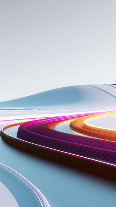 A dynamic 4K wallpaper showcasing abstract, glowing ribbons of color that elegantly curve across a smooth, undulating light grey landscape. The vibrant magenta and orange hues of the ribbons, outlined by bright light, create a sense of fluid motion and futuristic energy against the minimalist backdrop.