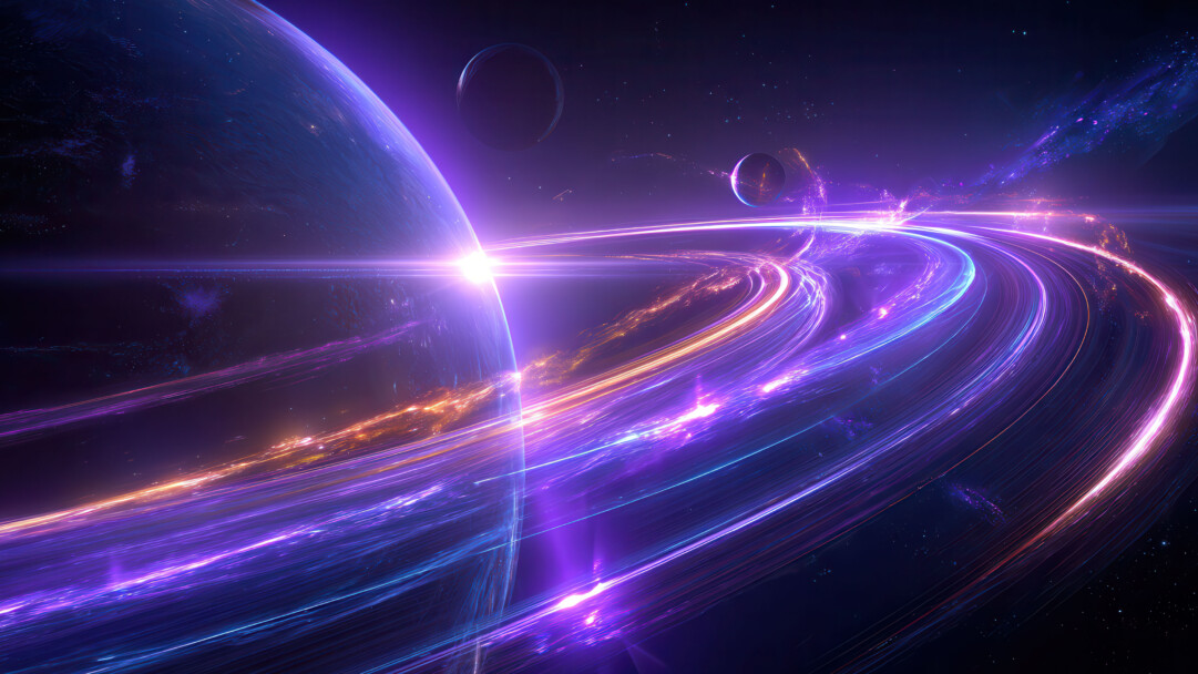 A captivating 4K wallpaper features a large, luminous planet bathed in a brilliant glow on its left, suspended in the deep indigo expanse of space with faint stars and smaller celestial bodies. Vivid ribbons of electric purple, brilliant pink, and fiery orange light arc dramatically across the scene, creating a dazzling and dynamic spectacle of cosmic energy.