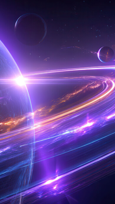 A captivating 4K wallpaper features a large, luminous planet bathed in a brilliant glow on its left, suspended in the deep indigo expanse of space with faint stars and smaller celestial bodies. Vivid ribbons of electric purple, brilliant pink, and fiery orange light arc dramatically across the scene, creating a dazzling and dynamic spectacle of cosmic energy.