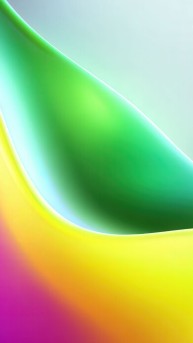 A stunning 4K wallpaper featuring abstract fluid curves transitioning between vibrant purple, pink, yellow, and green. The smooth, glossy surface and seamless color gradients create a dynamic and luminous effect across the image.