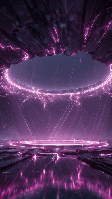 A stunning 4K wallpaper featuring a glowing purple energy portal descending onto a fractured dark surface in a sci-fi setting. Brilliant pink light radiates from the rings and connecting beams, illuminating the sharp, broken textures of the floor and ceiling with vibrant reflections.
