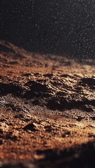 A breathtaking 4K wallpaper showcasing the rough, reddish surface of an alien world under a dense blanket of countless stars. The harsh textures of the rocky ground are dramatically lit by the distant cosmic light, emphasizing the stark beauty and vastness of this extraterrestrial landscape.