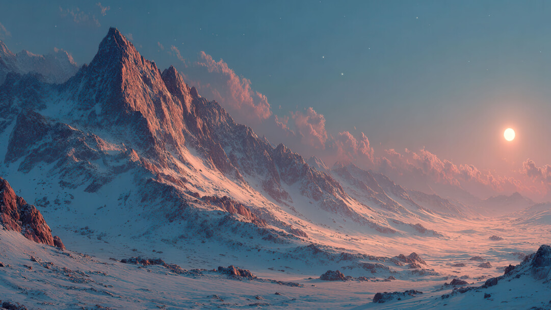A majestic 4K wallpaper captures a vast, serene winter landscape dominated by rugged, snow-covered mountain peaks and an expansive, undulating snowy plain. The warm alpenglow of a low sun casts brilliant reddish-orange light across the highest peaks and parts of the snow, creating a dramatic contrast with the cool blue shadows and the soft pink clouds streaking the clear sky.