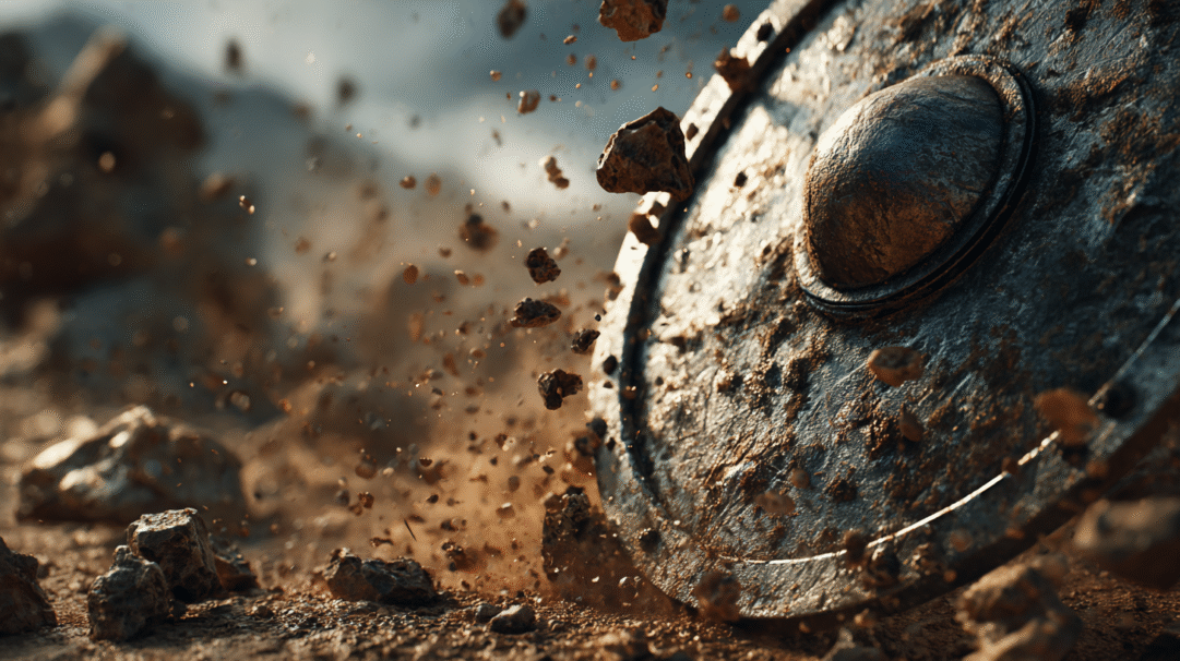 A powerful 4K wallpaper depicting an ancient, battle-worn shield dramatically impacting dry, rocky ground. Thousands of fragmented rocks and dust particles explode upwards, catching the light and emphasizing the shield's rough, metallic texture and the sheer force of the impact.