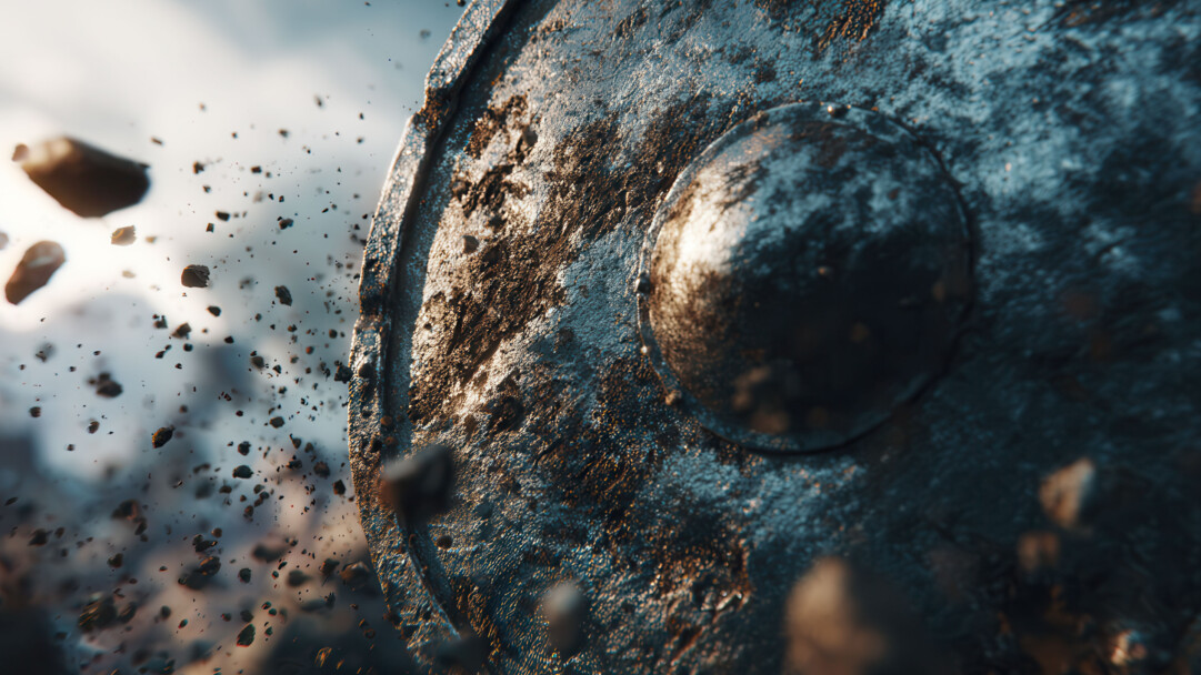 A dynamic 4K wallpaper capturing an ancient, worn combat shield under heavy impact, scattering debris against a bright, blurred background. Harsh light dramatically illuminates the shield's pitted texture and the explosive shower of fragments, conveying raw power and intense combat.