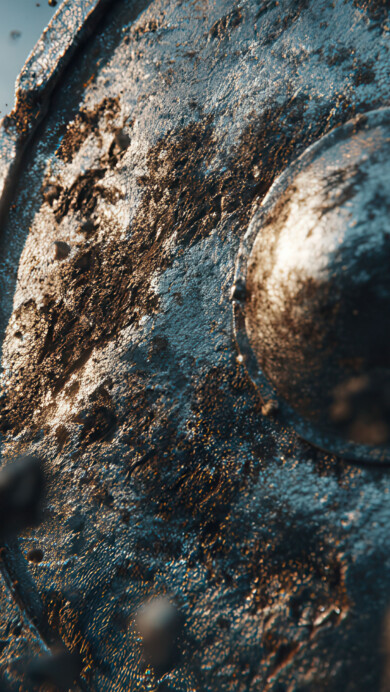 A dynamic 4K wallpaper capturing an ancient, worn combat shield under heavy impact, scattering debris against a bright, blurred background. Harsh light dramatically illuminates the shield's pitted texture and the explosive shower of fragments, conveying raw power and intense combat.
