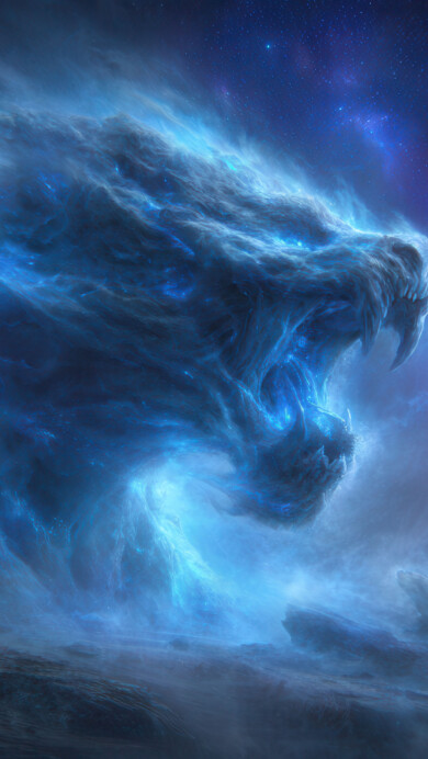 An epic 4K wallpaper displaying an ancient cosmic beast made of glowing energy roaring over a misty, rocky alien landscape under a starry nebula sky. The vibrant blue energy of the roaring beast dominates the scene, creating a powerful, mystical atmosphere against the dark, star-filled cosmos.