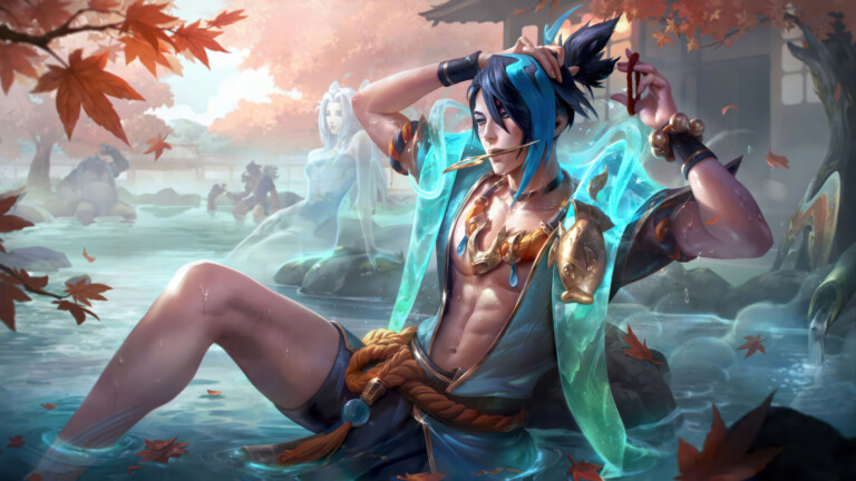 A magical 4K wallpaper of Aphelios from the Spirit Blossom line, a striking male figure with blue and black hair, elegantly seated in a warm, leaf-strewn hot spring. The glowing azure spiritual energy emanating from him creates a captivating contrast with the soft, warm hues of the autumn landscape and the shimmering water.
