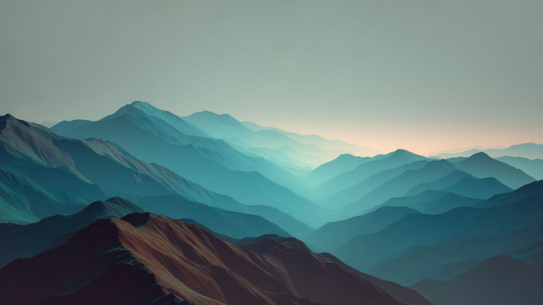 A serene 4K wallpaper featuring an artistic landscape of layered mountains fading into the horizon. The distinct gradient of colors, from dark, textured earth tones in the foreground to pale, ethereal blues in the background, evokes a tranquil and expansive mood.