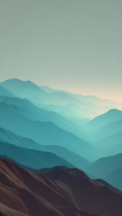 A serene 4K wallpaper featuring an artistic landscape of layered mountains fading into the horizon. The distinct gradient of colors, from dark, textured earth tones in the foreground to pale, ethereal blues in the background, evokes a tranquil and expansive mood.
