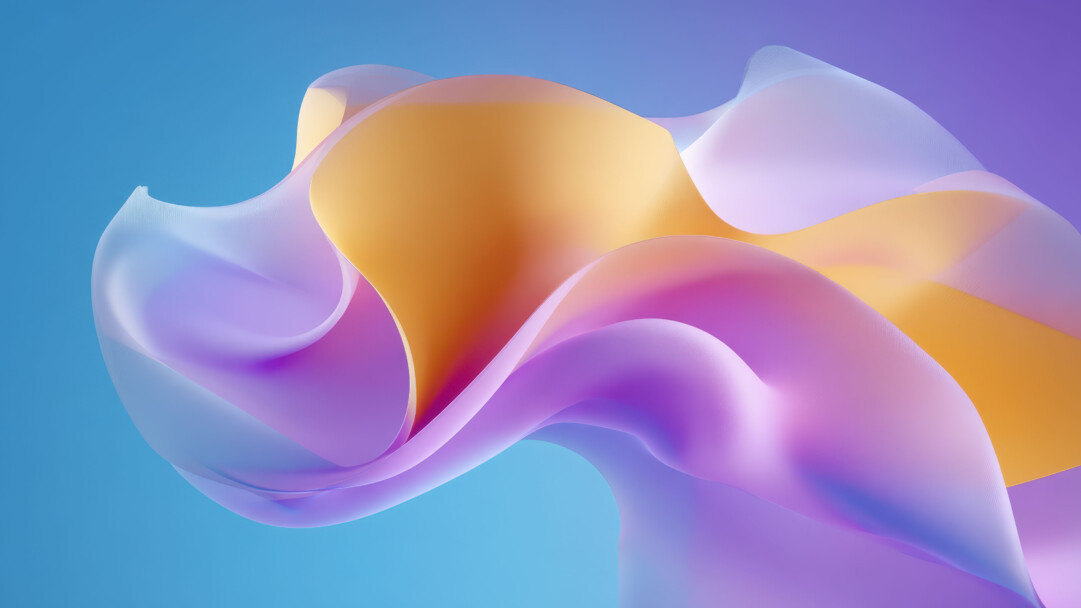 A vibrant 4K wallpaper showcases flowing, translucent ribbons of orange, purple, and pink against a soft blue and violet gradient background. The ethereal interplay of light and shadow creates an iridescent effect, enhancing the smooth, dreamlike texture of the abstract forms.