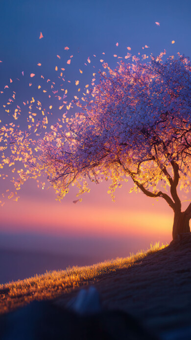 A breathtaking 4K wallpaper features a brightly blooming tree standing alone on a grassy hillside as the sun sets. Countless glowing pink petals are caught by the wind, scattering across the deep blue and orange sky in a beautiful, ethereal display.