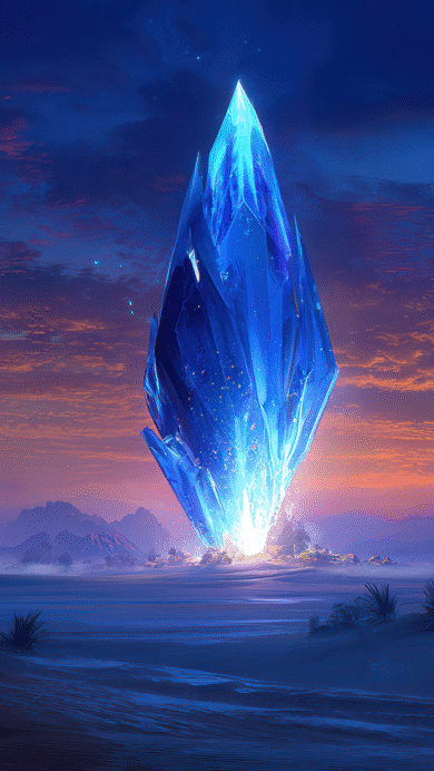 An otherworldly 4K wallpaper showcasing a towering, intensely luminous blue crystal standing isolated in a vast desert landscape at twilight. Its brilliant blue light radiates outwards, starkly contrasting with the warm orange and purple hues of the sunset sky, creating a magical and serene atmosphere.