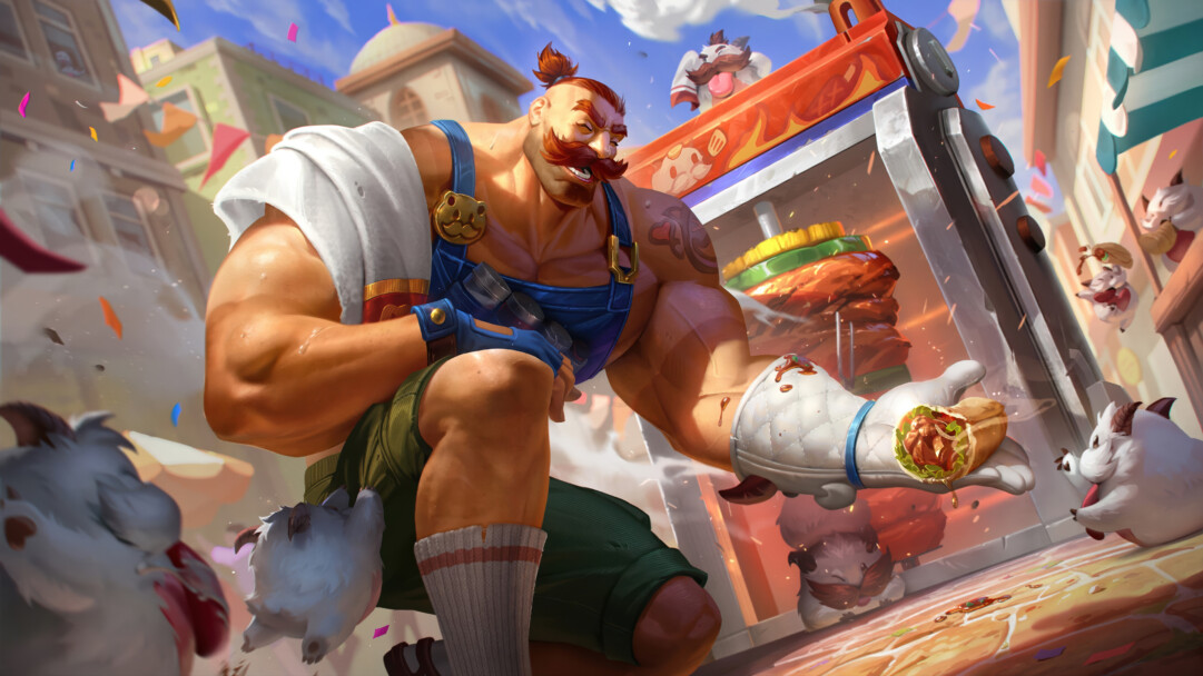 A delicious 4K wallpaper captures Braum, the Grill Master, energetically preparing food from his cart at a vibrant outdoor street fair. Steam rises from the massive skewer of meat he holds, and playful Poros eagerly gather around, emphasizing the joyful and slightly chaotic culinary action.