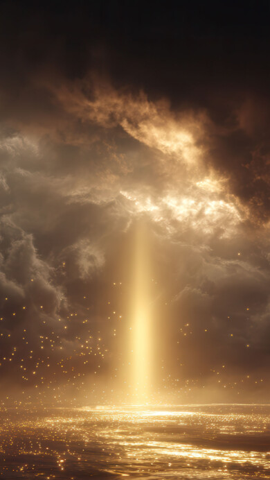 A captivating 4K wallpaper portrays a dramatic beam of golden light piercing through dark, turbulent clouds to illuminate a vast, shimmering expanse of water. This intense golden glow casts countless shimmering particles into the air and reflects brilliantly on the water's surface, creating a powerful, ethereal, and hopeful atmosphere.