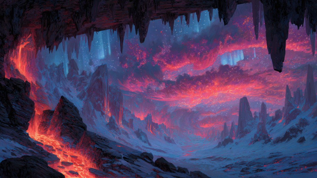 A magical 4K wallpaper of a dark cavern opening looking out onto a landscape where glowing lava flows down icy slopes under a vibrant aurora sky. The scene is defined by the striking contrast between the cool blues of ice and snow and the intense red and orange glow of lava, all illuminated by the swirling pink, red, and blue light of the aurora.