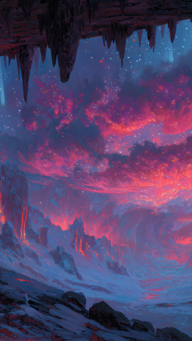 A magical 4K wallpaper of a dark cavern opening looking out onto a landscape where glowing lava flows down icy slopes under a vibrant aurora sky. The scene is defined by the striking contrast between the cool blues of ice and snow and the intense red and orange glow of lava, all illuminated by the swirling pink, red, and blue light of the aurora.