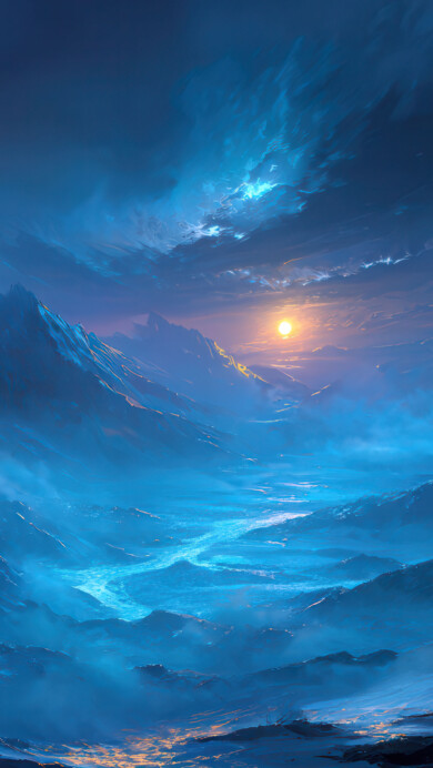 A celestial 4K wallpaper capturing a breathtaking panoramic view of a rugged, misty mountain range at twilight, with a brilliant, luminous river carving a path through the valley below. The vibrant, glowing blue of the river contrasts dramatically with the deep indigo skies and the distant warm glow of a celestial body, creating an ethereal and majestic atmosphere.