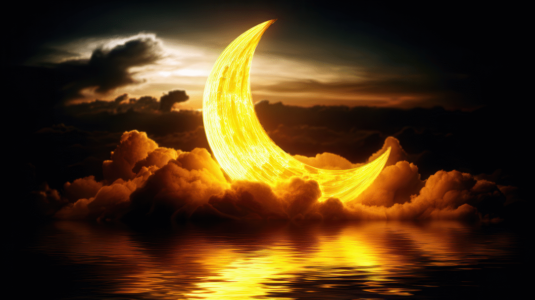 A mesmerizing 4K wallpaper of a brilliant, golden crescent moon rising from a luminous bed of orange clouds above dark, tranquil water. Its intense radiance casts a vibrant, rippled reflection across the calm surface, creating a magical interplay of light against the dramatic, dark sky.