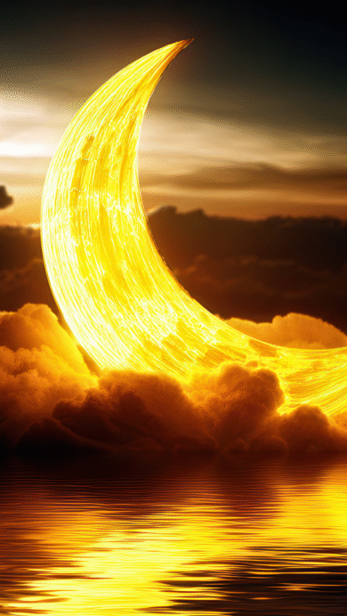 A mesmerizing 4K wallpaper of a brilliant, golden crescent moon rising from a luminous bed of orange clouds above dark, tranquil water. Its intense radiance casts a vibrant, rippled reflection across the calm surface, creating a magical interplay of light against the dramatic, dark sky.