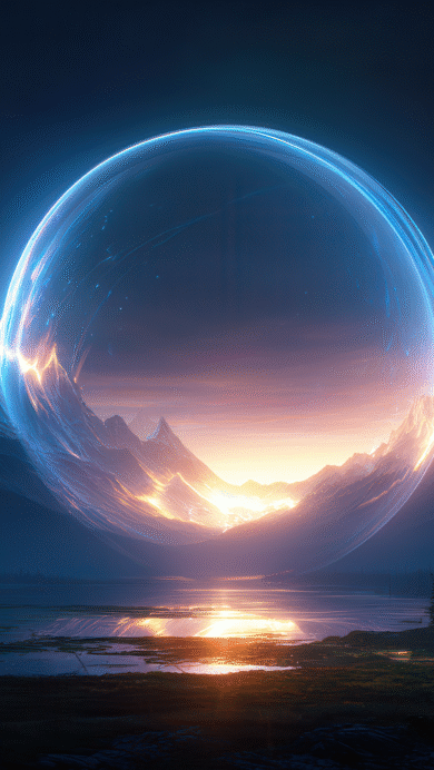 An awe-inspiring 4K wallpaper featuring a colossal, glowing blue celestial sphere appearing over a serene mountain lake, flanked by jagged peaks under a twilight sky. The radiant golden light from within the sphere casts a warm glow across the tranquil water and illuminated mountain facets, creating a breathtaking contrast with the deep blue dusk.