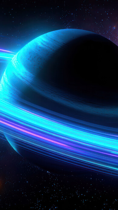 A breathtaking 4K wallpaper showcasing a large, dark-hued ringed planet dominating the foreground of a deep space scene, with smaller celestial bodies scattered in the distance. The planet's wide rings glow intensely with streaks of vibrant neon blue and electric purple, casting an otherworldly radiance that defines the cosmic and mysterious mood.