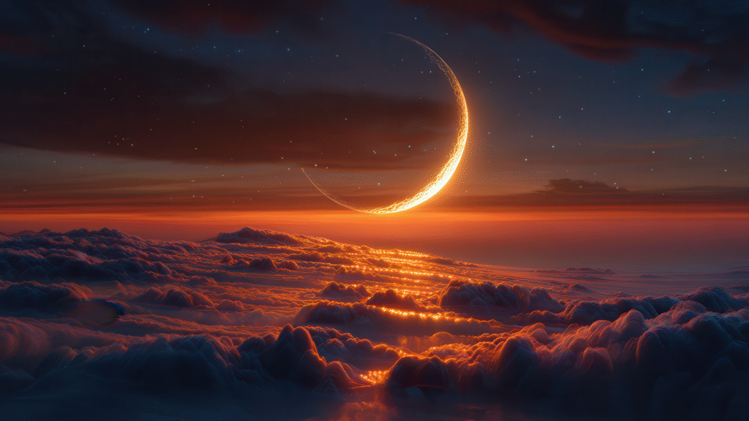 A breathtaking 4K wallpaper presents a radiant, glowing crescent arc suspended above a sprawling, ethereal cloudscape. Its intense golden light illuminates the vast, undulating cloud ocean below, casting vibrant orange and deep blue hues that evoke a serene and dreamlike celestial landscape.