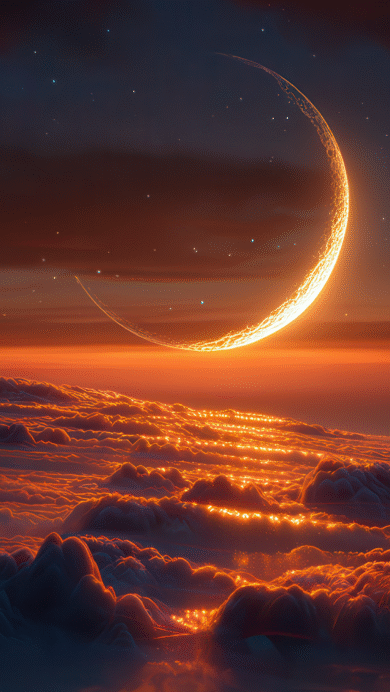 A breathtaking 4K wallpaper presents a radiant, glowing crescent arc suspended above a sprawling, ethereal cloudscape. Its intense golden light illuminates the vast, undulating cloud ocean below, casting vibrant orange and deep blue hues that evoke a serene and dreamlike celestial landscape.