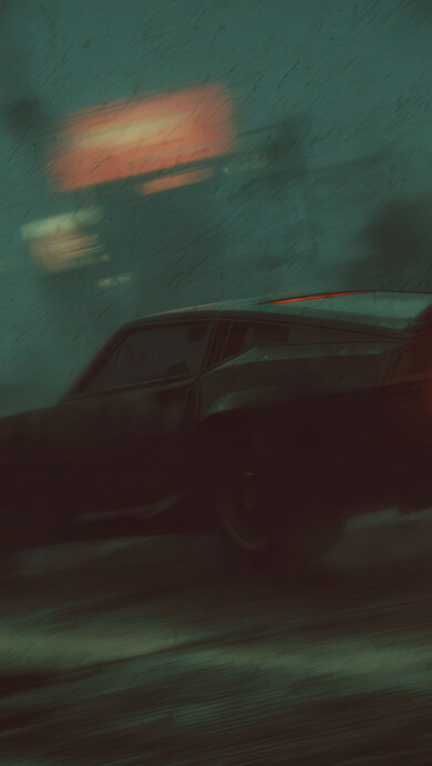 A thrilling 4K wallpaper features a classic muscle car speeding away on a wet road at night. Its bright red taillights glow intensely, reflected by the rain-slicked asphalt in the motion-blurred darkness.