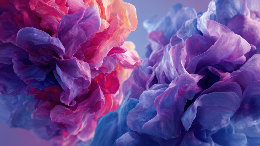 An ethereal 4K wallpaper showcasing a dynamic, abstract composition of large, flowing fabric-like forms. The translucent, ruffled layers transition seamlessly from brilliant fuchsia and soft peach on the left to rich purples and cool blues on the right, creating a captivating interplay of color and soft light.