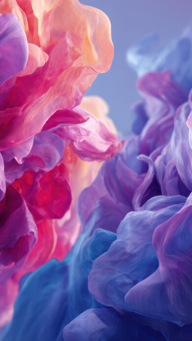 An ethereal 4K wallpaper showcasing a dynamic, abstract composition of large, flowing fabric-like forms. The translucent, ruffled layers transition seamlessly from brilliant fuchsia and soft peach on the left to rich purples and cool blues on the right, creating a captivating interplay of color and soft light.