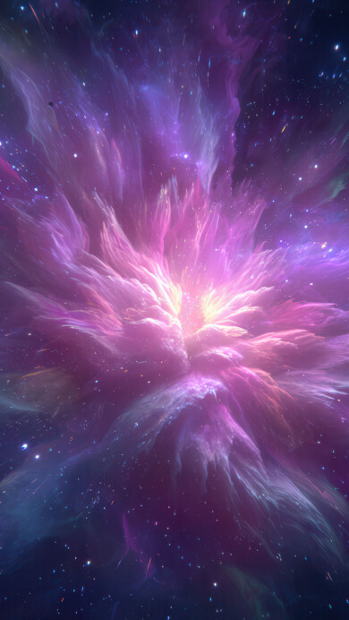 A mesmerizing 4K wallpaper unfolds, showcasing a magnificent cosmic nebula bursting with light in the vastness of deep space, accented by distant stars and a subtle planet. The central explosion of brilliant white and fuchsia light emanates in dramatic, swirling tendrils of purple and blue gas, creating an awe-inspiring display of cosmic power.