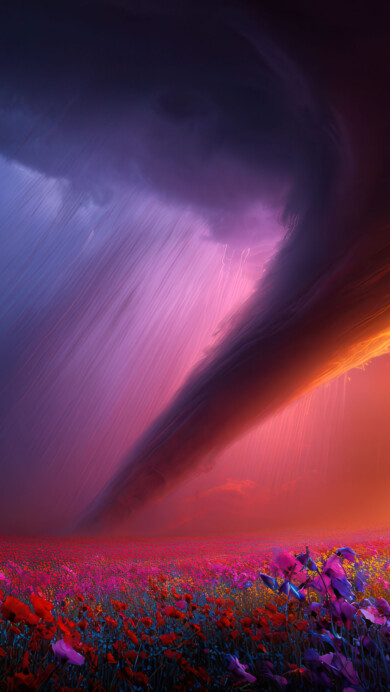 An otherworldly 4K wallpaper showcases a vibrant vortex descending into a vast field of colorful wildflowers beneath a dramatically divided sky. The striking visual lies in the stark division of the sky, with tempestuous dark blues merging into fiery oranges, an extraordinary contrast mirrored by the colorful vortex and the field's blooming flowers below.