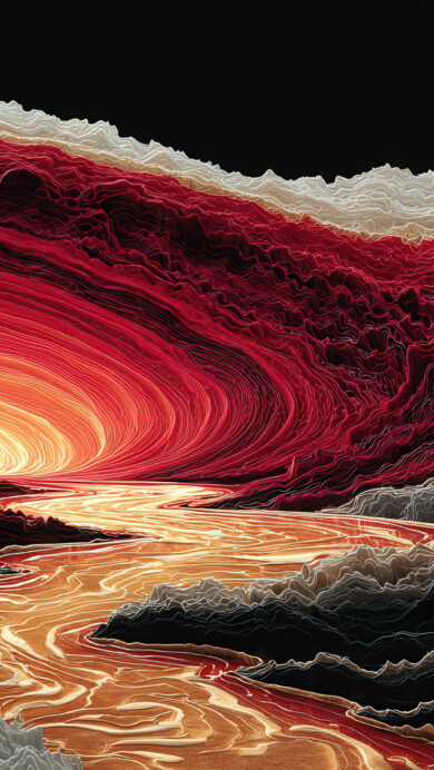 A vibrant 4K wallpaper showcasing a colorful abstract landscape with a swirling red vortex. A radiant golden-orange river flows from the vortex through dark, textured mountains composed of layered lines, creating a dynamic and otherworldly scene.