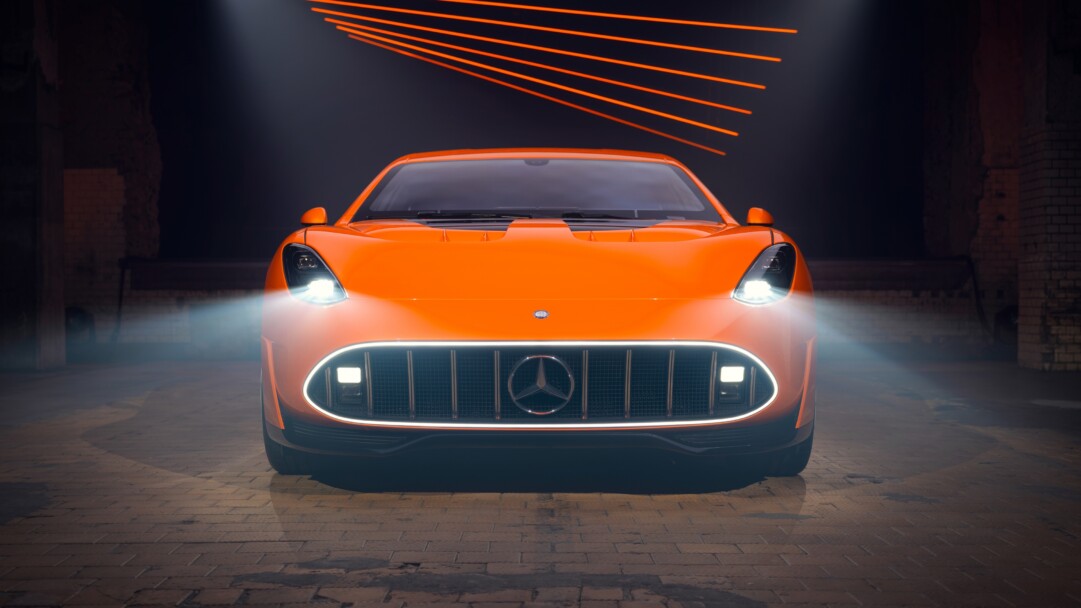 An electrifying 4K wallpaper of a sleek, futuristic concept sports car, likely an AMG GT variant, positioned dynamically within a dark, minimalist studio setting. Its sharply sculpted bodywork is accentuated by dramatic, underlit neon accents that hint at immense power and cutting-edge technology.