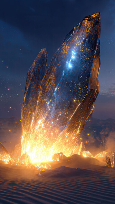 A captivating 4K wallpaper showcasing a monumental, glowing crystal standing majestically in a vast, rippled desert under a deep blue, starlit twilight sky. The crystal emanates a brilliant golden light from its base, casting an ethereal glow across the sand and dramatically contrasting with the cool blue and distant warm orange hues of the horizon.