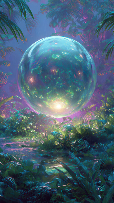 An enchanting 4K wallpaper presents a large, luminous cosmic gem illuminating a dense, vibrant alien forest at twilight. The sphere radiates a soft, ethereal light that casts otherworldly hues onto the lush foliage and a shimmering stream below, creating a magical atmosphere.