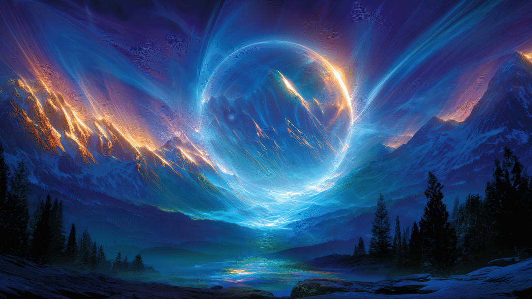 An otherworldly 4K wallpaper showcasing a massive, glowing blue cosmic energy orb suspended over a dark, snow-capped mountain range and a shimmering valley. Dynamic streams of electric blue light emanate from the orb, illuminating rugged mountain peaks with a fiery golden glow and reflecting in the serene waters below.