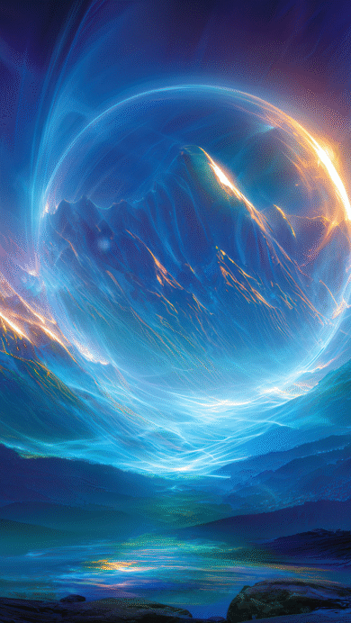 An otherworldly 4K wallpaper showcasing a massive, glowing blue cosmic energy orb suspended over a dark, snow-capped mountain range and a shimmering valley. Dynamic streams of electric blue light emanate from the orb, illuminating rugged mountain peaks with a fiery golden glow and reflecting in the serene waters below.