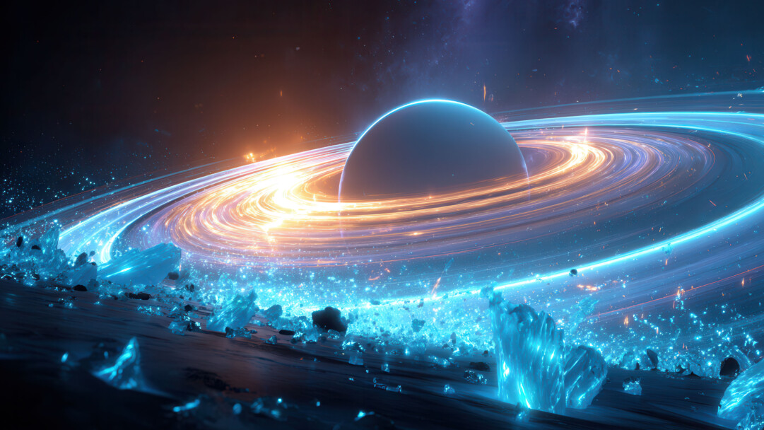 A cosmic 4K wallpaper unveils a colossal, dark planet adorned with luminous rings, orbited by sparkling azure shards within a boundless, starry expanse. The stunning interplay of the planet's brilliant golden-orange core and its cool, electric blue outer rings, coupled with glowing azure crystalline shards in the foreground, evokes a powerful, ethereal cosmic energy.