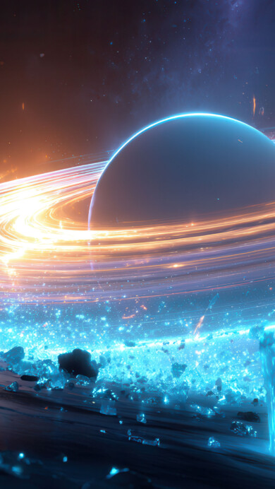 A cosmic 4K wallpaper unveils a colossal, dark planet adorned with luminous rings, orbited by sparkling azure shards within a boundless, starry expanse. The stunning interplay of the planet's brilliant golden-orange core and its cool, electric blue outer rings, coupled with glowing azure crystalline shards in the foreground, evokes a powerful, ethereal cosmic energy.