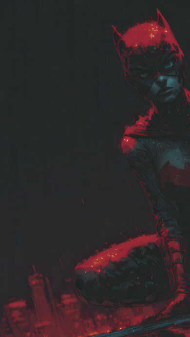 An atmospheric 4K wallpaper featuring a crimson-caped hero kneeling down and surveying a rain-slicked city at night. The vivid crimson of the hero's suit and cape contrasts sharply with the dark, rainy cityscape and the blurred red lights reflected on the wet ground.
