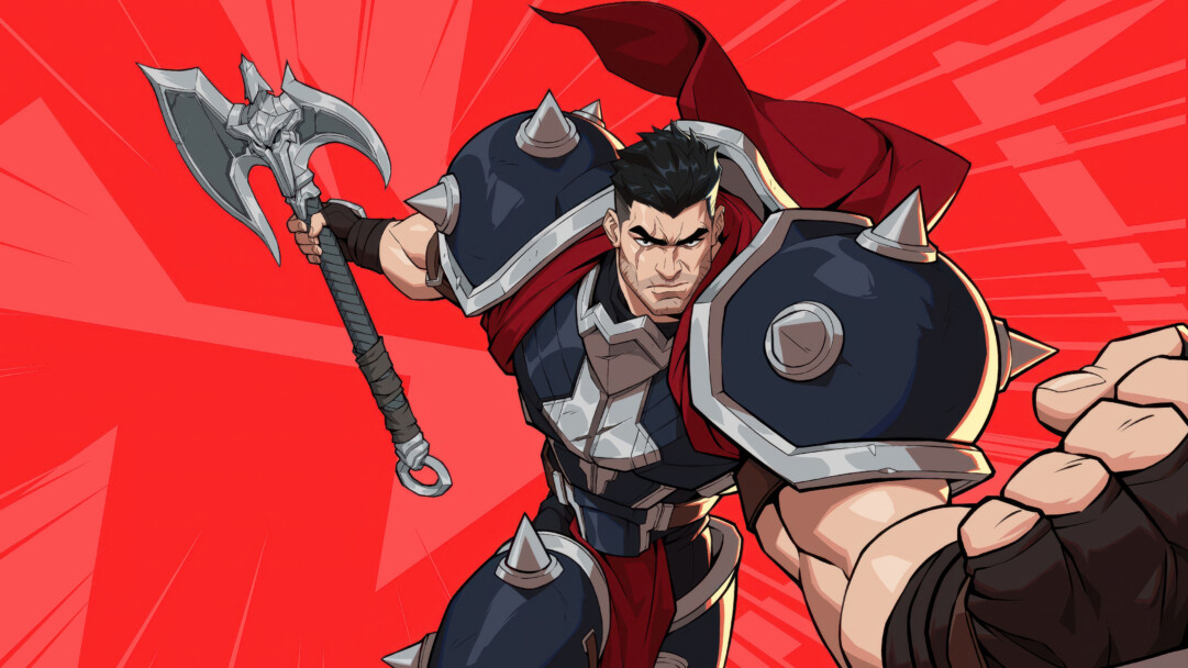 A powerful 4K wallpaper featuring Darius from 2XKO in his distinctive dark armor and flowing red cape, striking a formidable pose with his massive axe against a vibrant, dynamically lined red background. His intense, focused glare and the sharp contrast of his attire against the energetic backdrop convey a mood of unwavering determination and imminent combat.