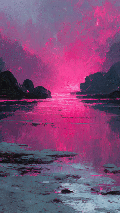 A vibrant 4K wallpaper showcasing a dark mountain lake nestled between looming shadowy cliffs. The lake surface reflects a fiery, intense pink and purple sky, contrasting sharply with the deep blues and blacks of the surrounding landscape and creating a dramatic, textured mood.