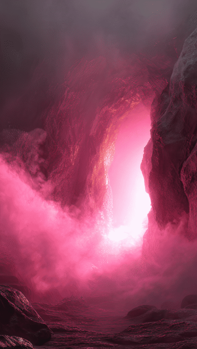 An ethereal 4K wallpaper capturing the view from deep inside a dark, rocky cavern looking towards a brightly glowing entrance. Swirls of vibrant pink mist fill the space, dramatically illuminated by the intense light emanating from the opening.