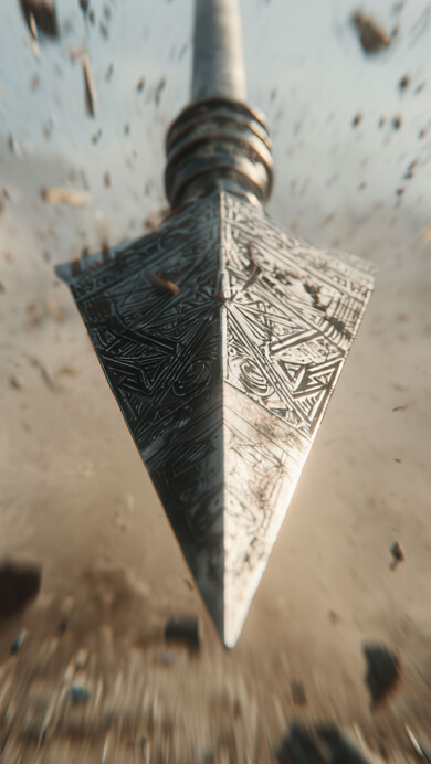 A powerful 4K wallpaper showcasing an ornate spear point speeding through a chaotic dust and stone explosion. Intricate patterns gleam on the blade as fragmented debris explodes outwards, capturing a moment of fierce, dynamic force.